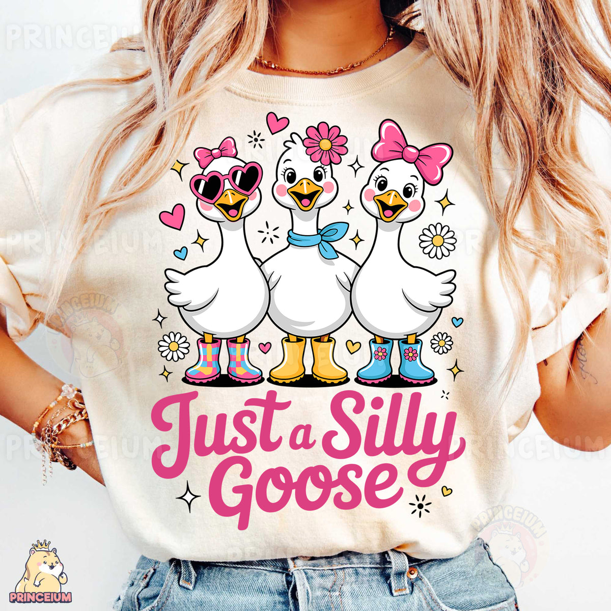 a woman wearing a t - shirt that says just a silly goose