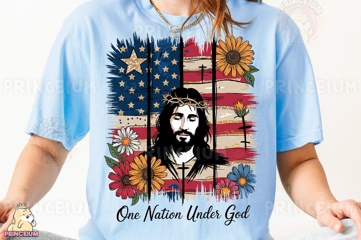 a woman wearing a blue shirt with a picture of jesus on it