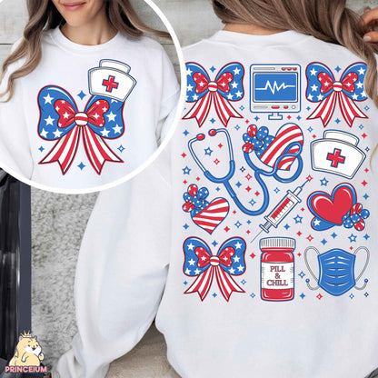 a woman wearing a white shirt with red, white and blue designs on it