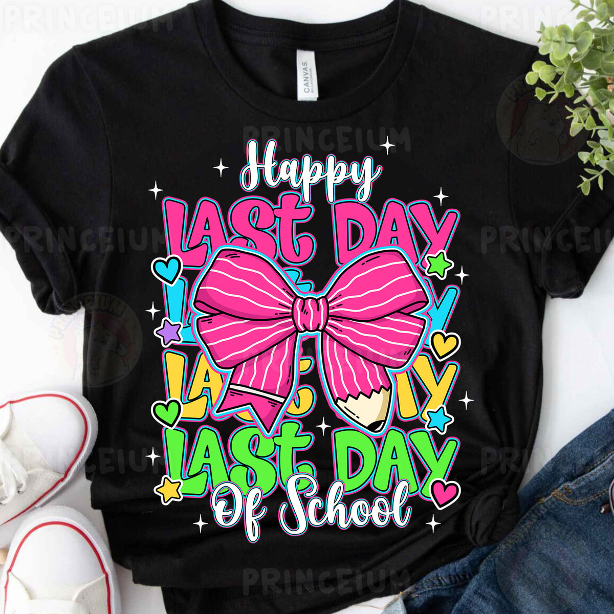 a black t - shirt with a pink bow that says happy last day last day
