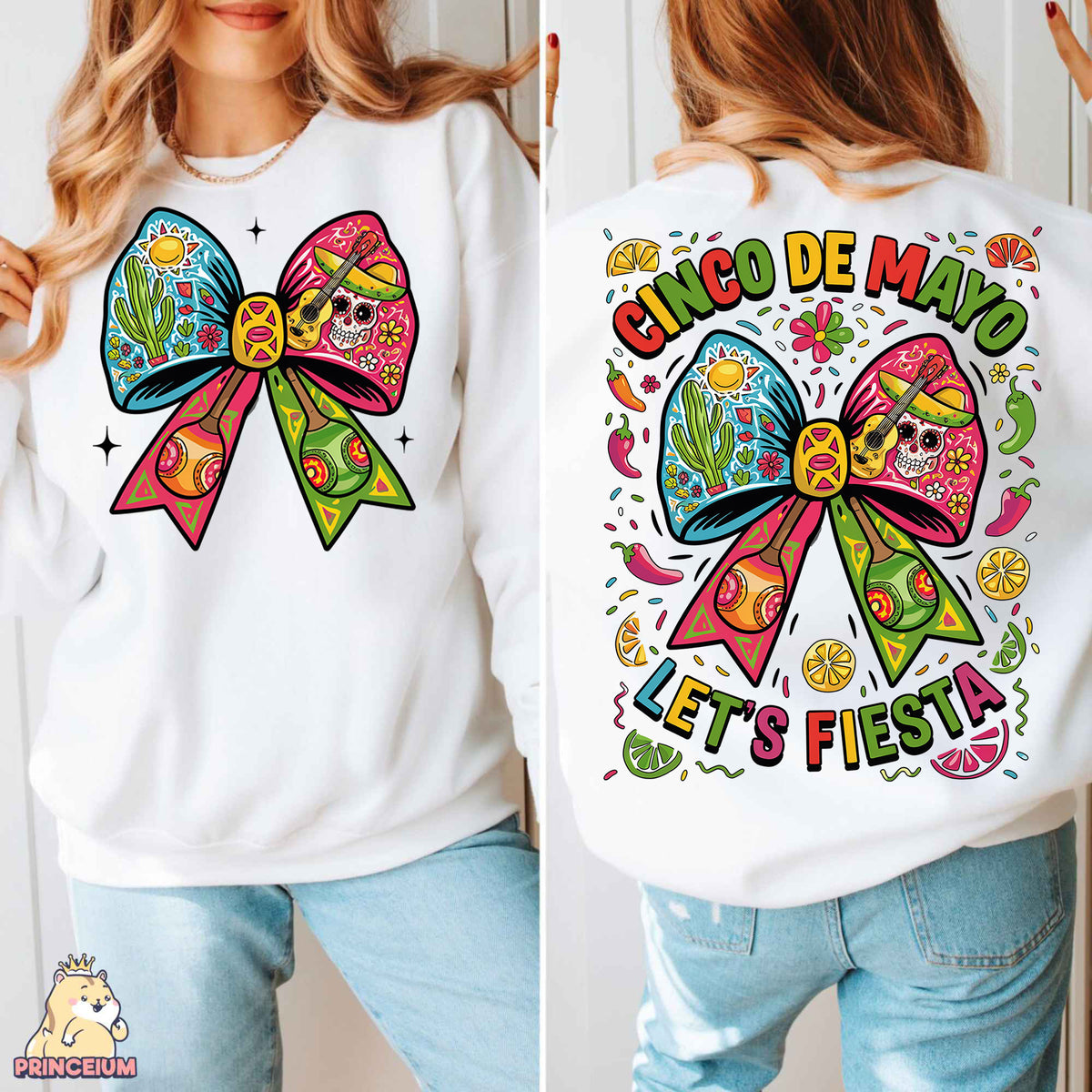 a woman wearing a white sweatshirt with a colorful bow