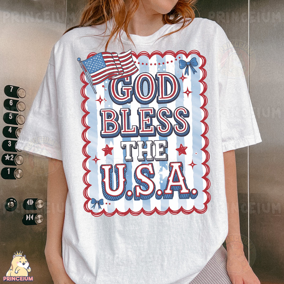 a woman wearing a t - shirt that says god bless the usa