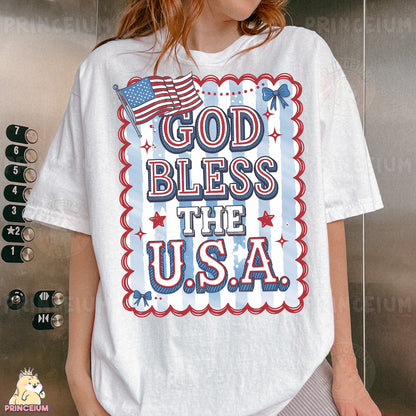 a woman wearing a t - shirt that says god bless the usa
