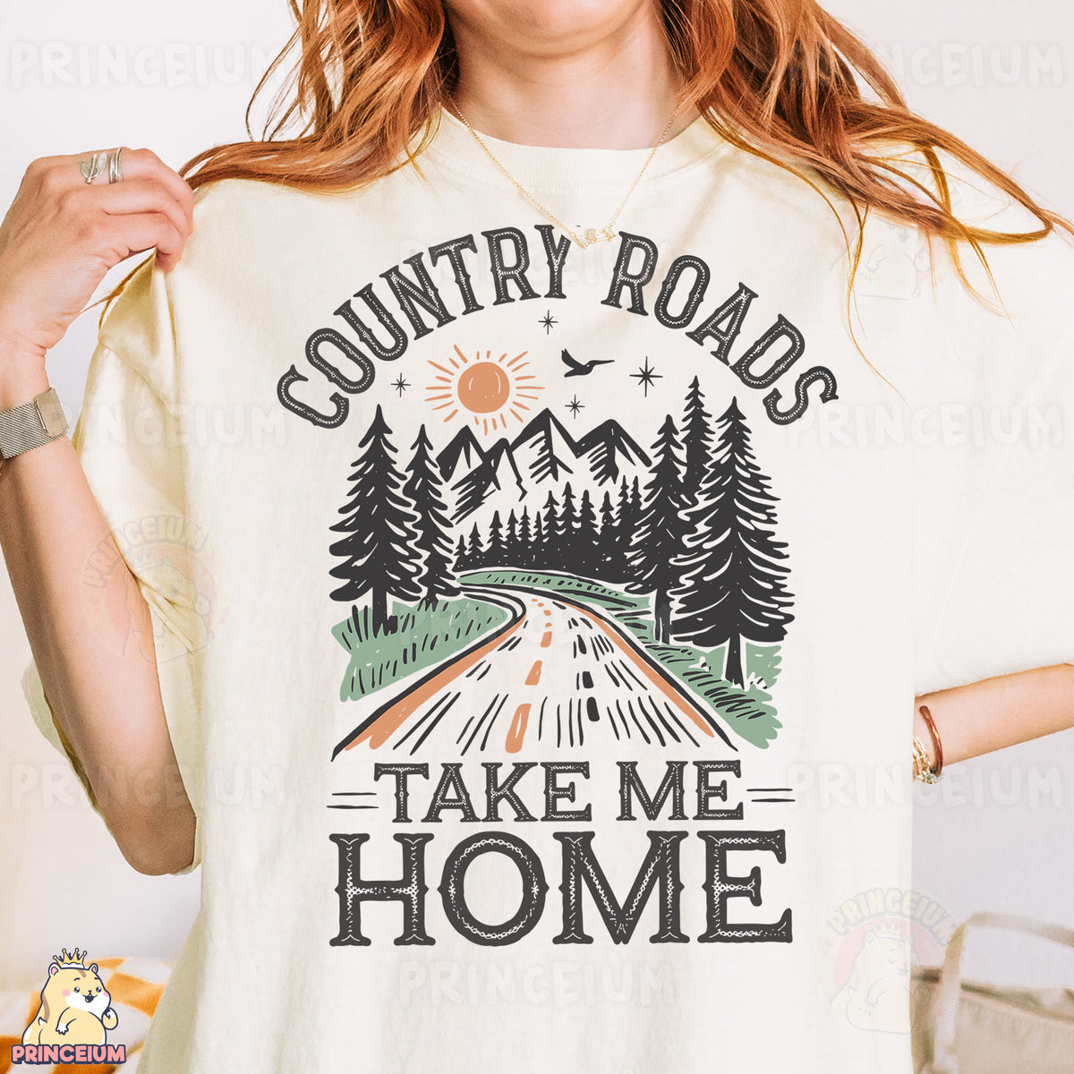 a woman wearing a country roads t - shirt