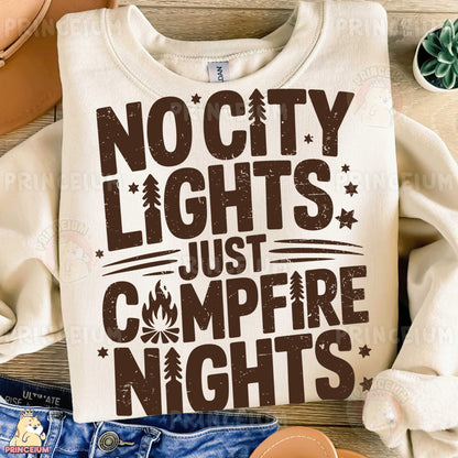 a t - shirt that says no city lights just campfire nights