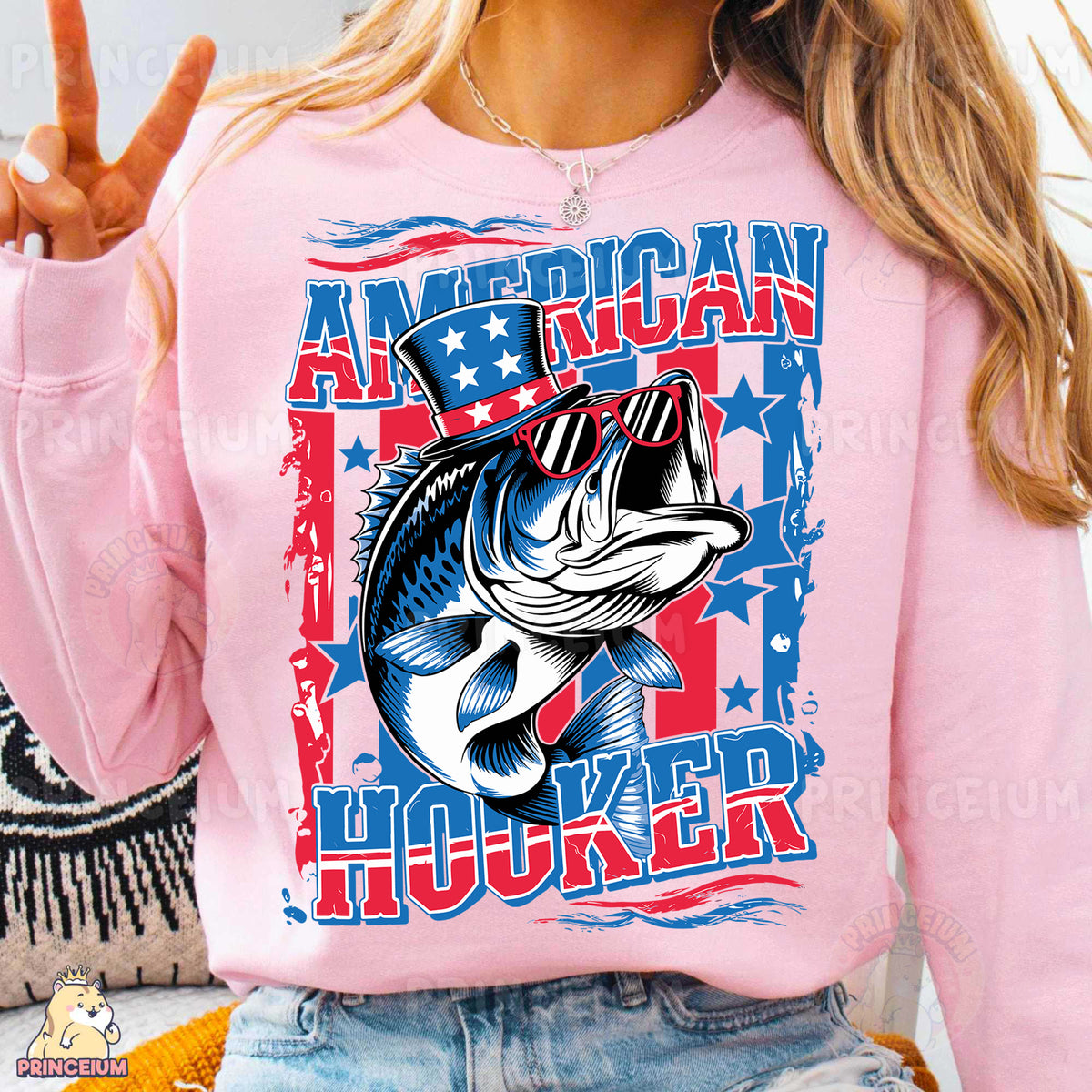 a woman wearing a pink american hooked shirt