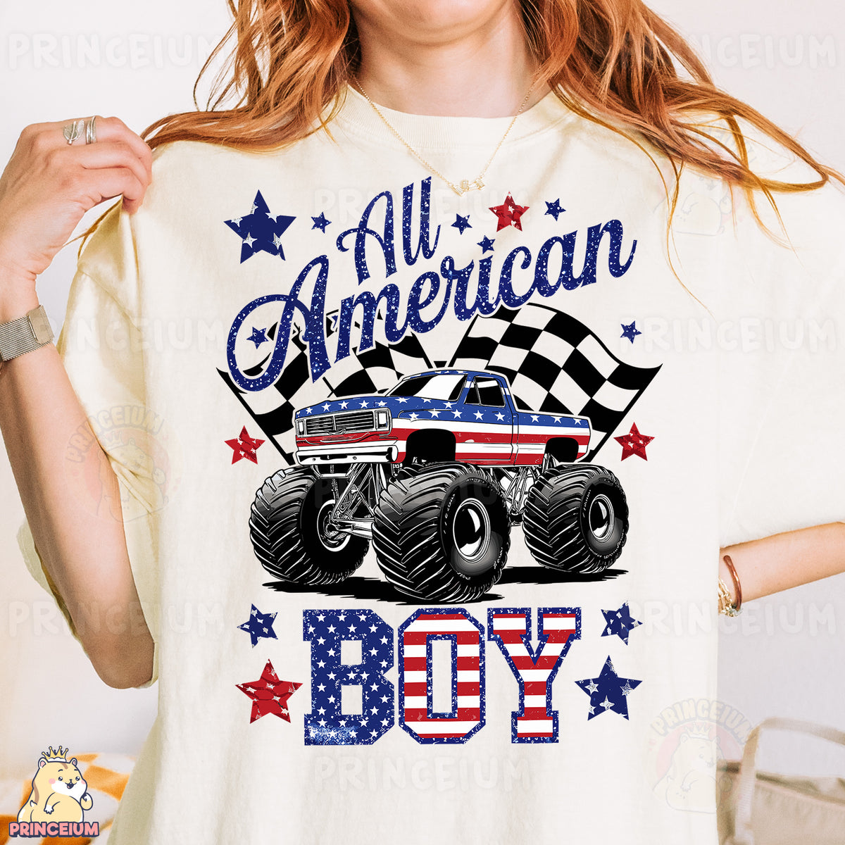 a woman wearing a white shirt with a red, white and blue truck on it