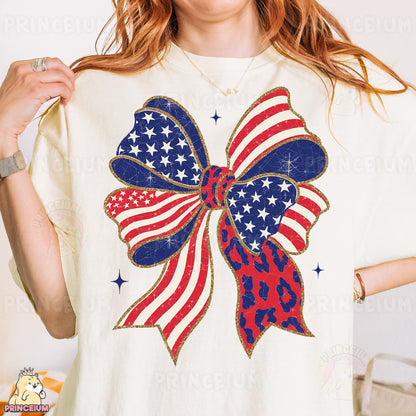 a woman wearing a patriotic bow t - shirt