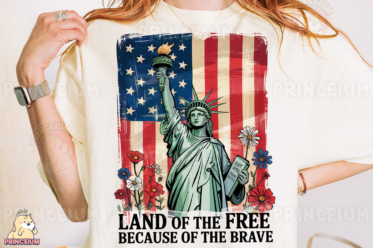 a woman wearing a t - shirt that says land of the free because of the