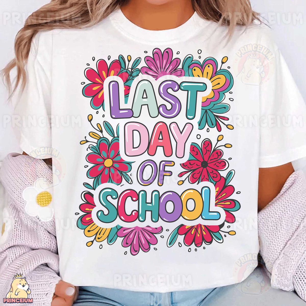 a woman wearing a t - shirt that says last day of school
