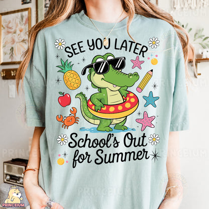 a woman wearing a t - shirt that says see you later school's out