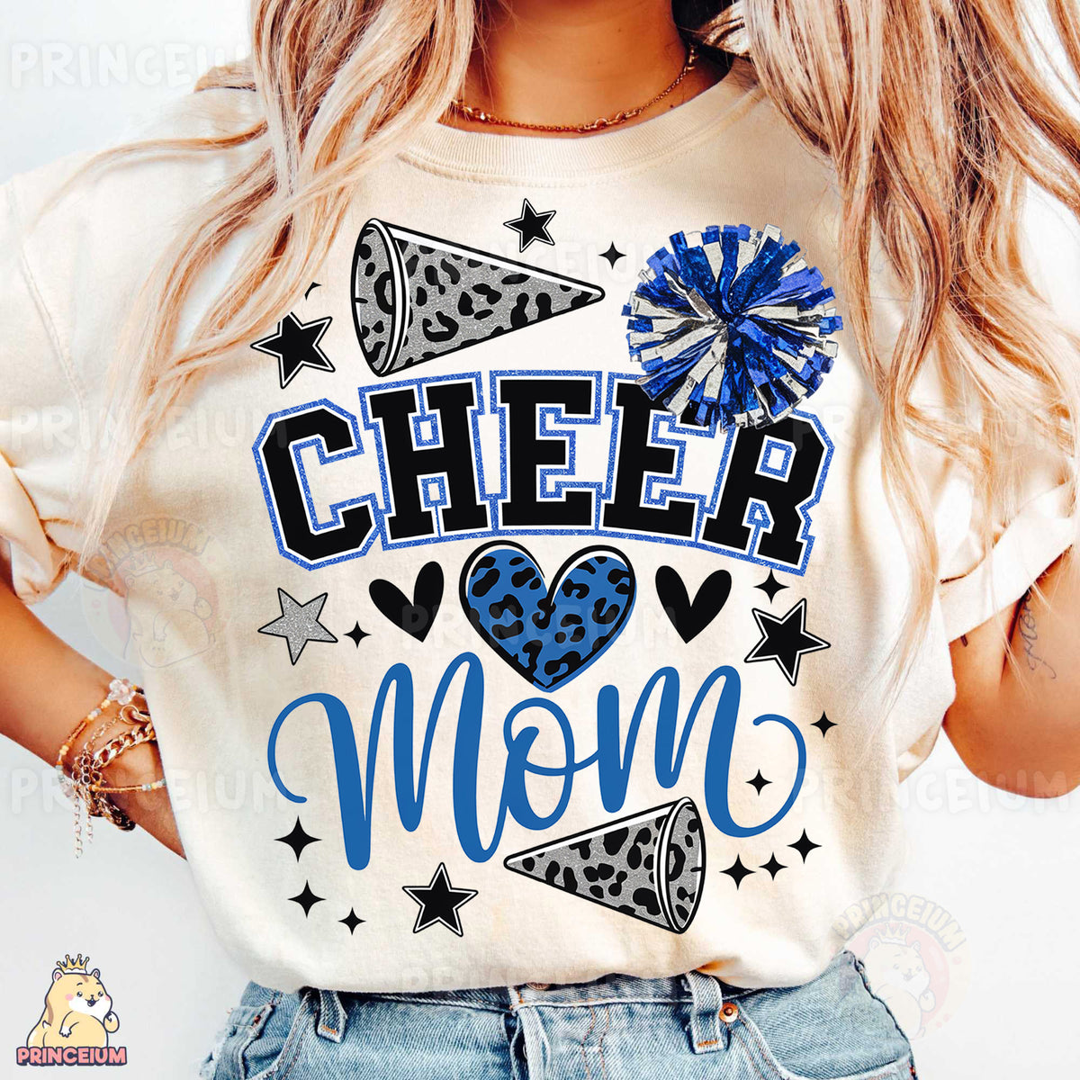 a woman wearing a cheer mom t - shirt