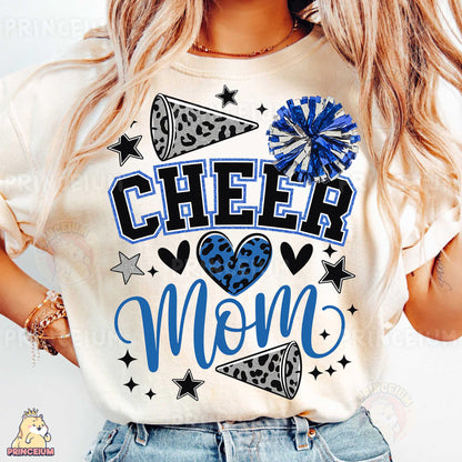 a woman wearing a cheer mom t - shirt