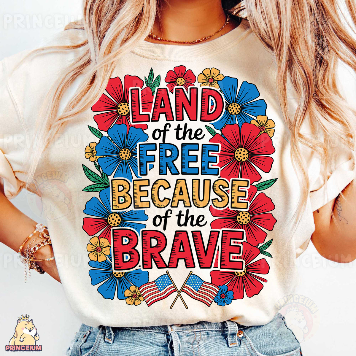 a woman wearing a t - shirt that says land of the free because of the