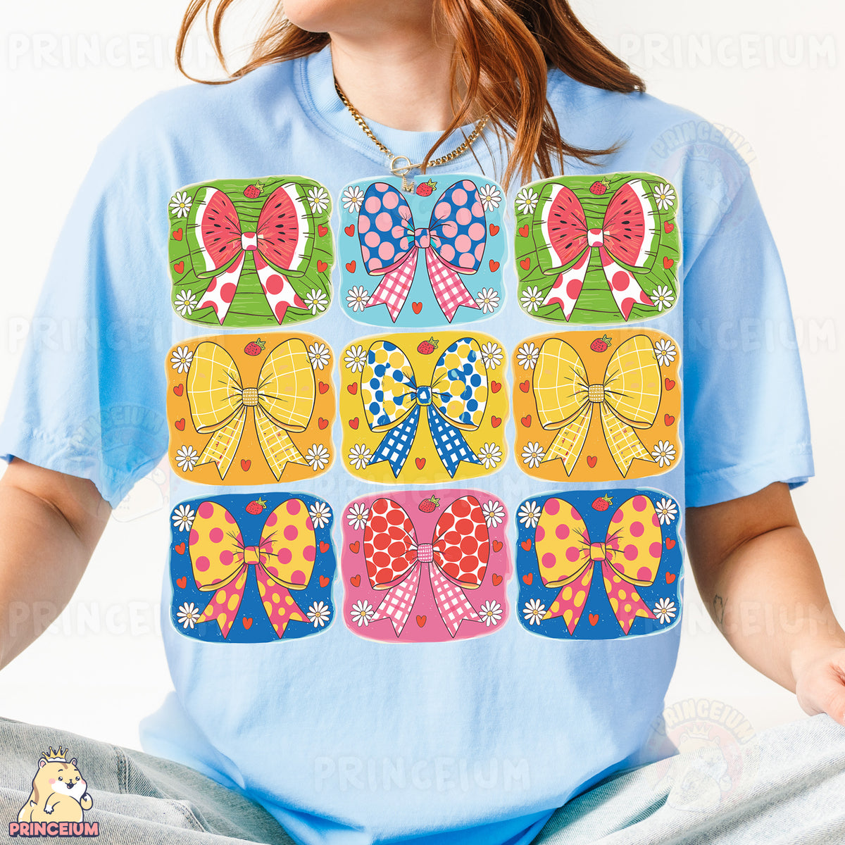 a woman wearing a t - shirt with bows on it