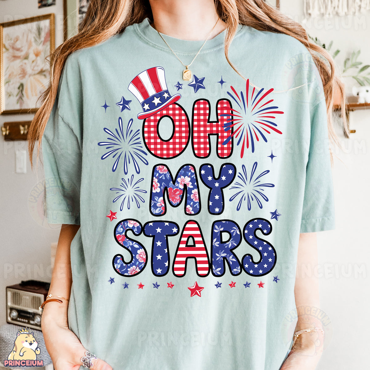 a woman wearing a t - shirt that says oh my stars