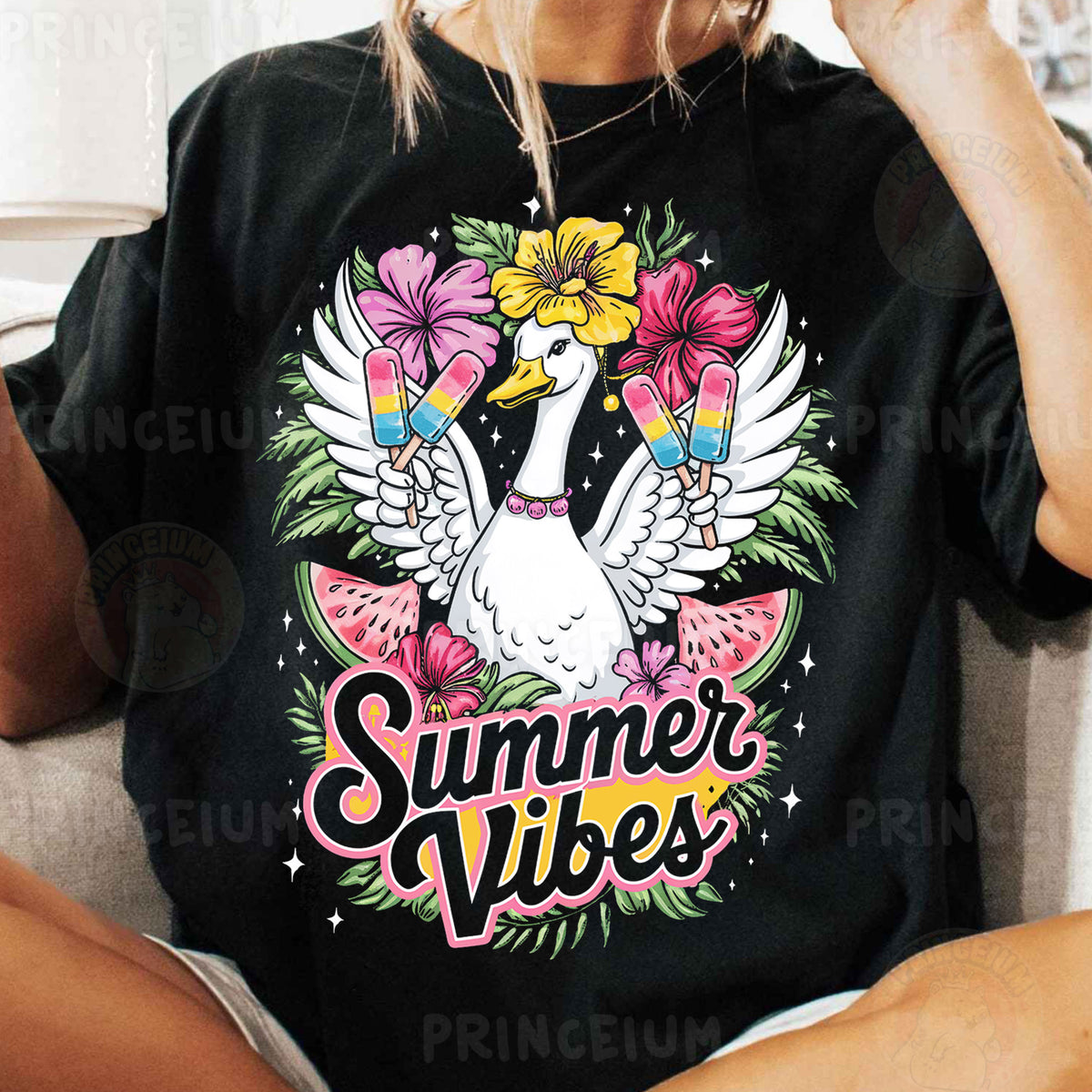 a woman sitting on a couch wearing a black shirt
