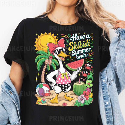 a woman wearing a black shirt with an image of a duck on it