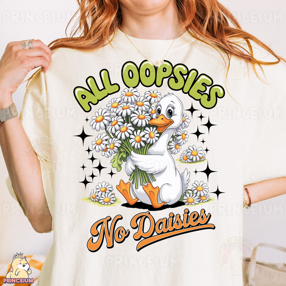 a woman wearing a t - shirt with a duck holding a bouquet of daisies