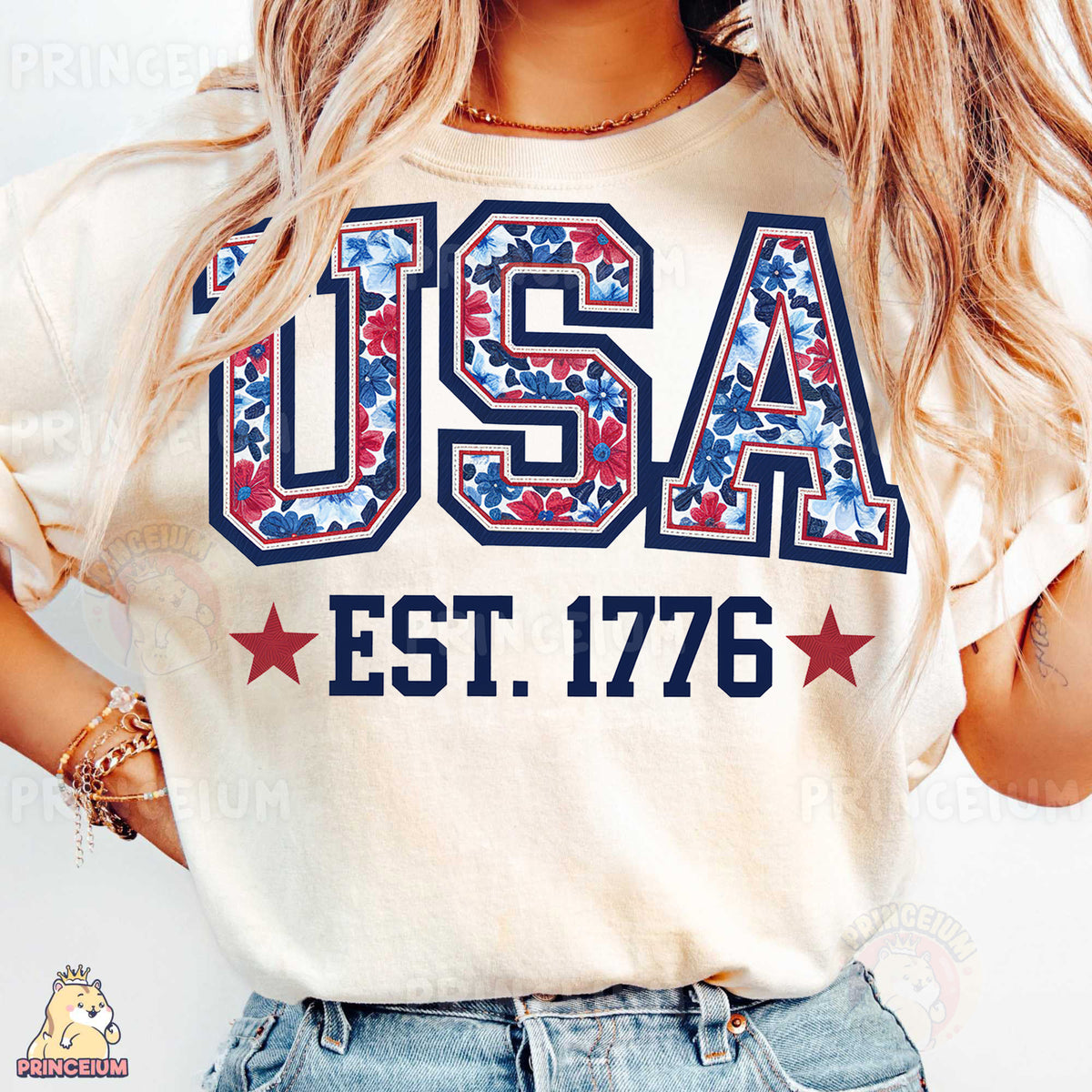 a woman wearing a usa t - shirt and denim shorts