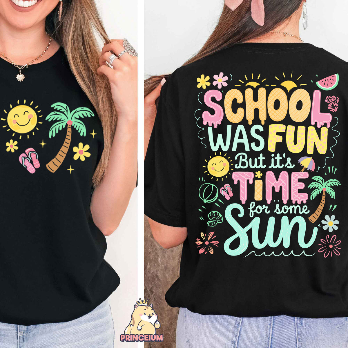 a woman wearing a black shirt that says school was fun but it's time