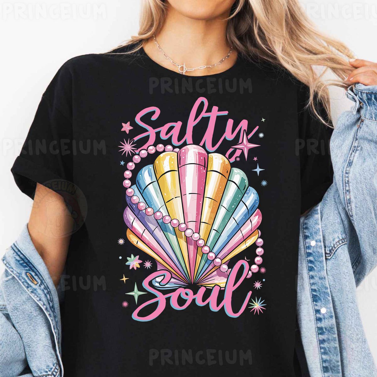 a woman wearing a black shirt that says salty soul