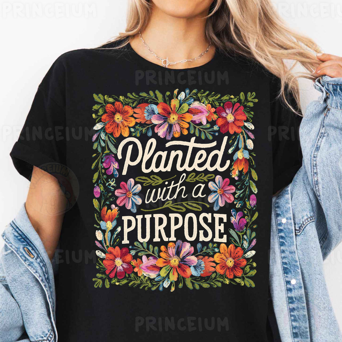a woman wearing a black t - shirt that says, planted with a purpose