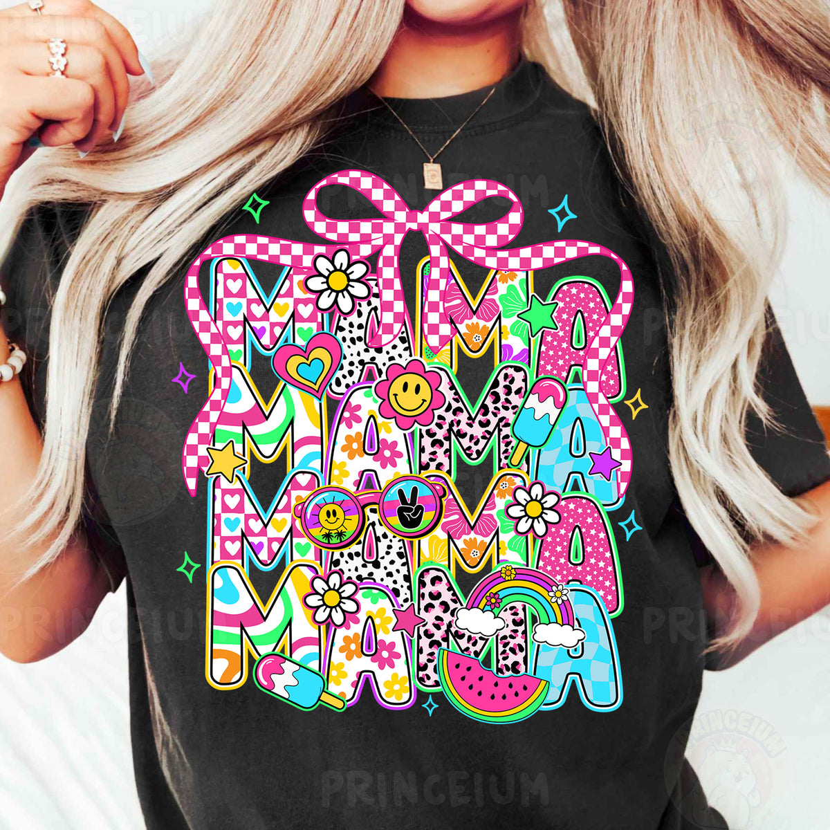 a woman wearing a black tshirt with a colorful design on it