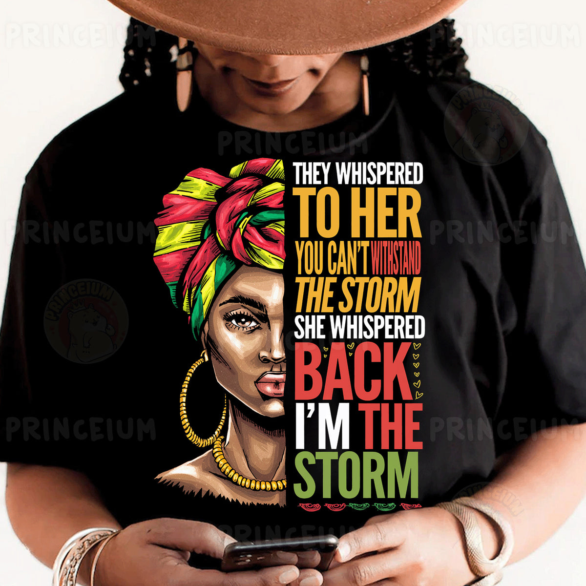 a woman wearing a black t - shirt with a picture of a woman's