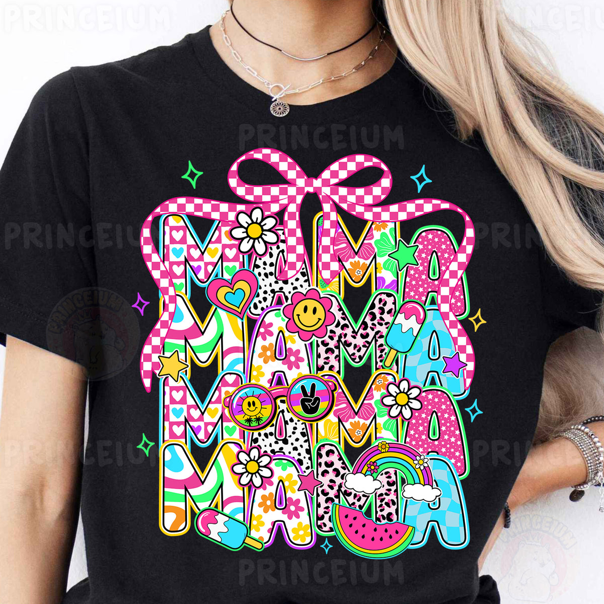 a woman wearing a black t - shirt with the word mama on it