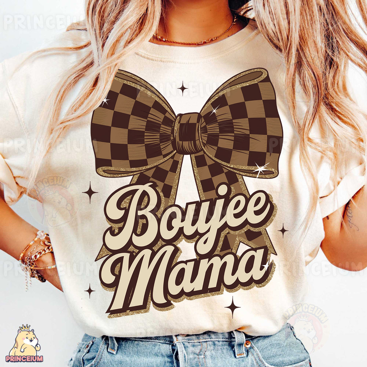 a woman wearing a t - shirt with a bow on it