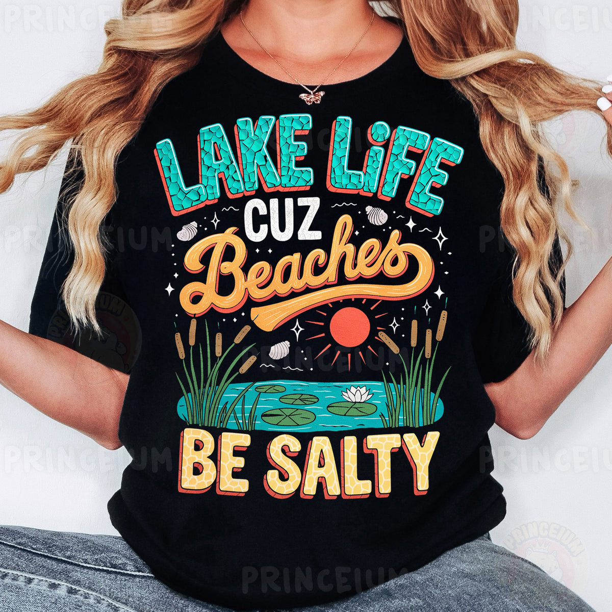 a woman wearing a lake life t - shirt