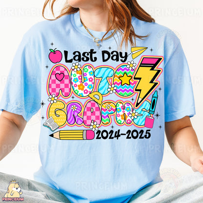 a girl wearing a t - shirt that says last day crayons
