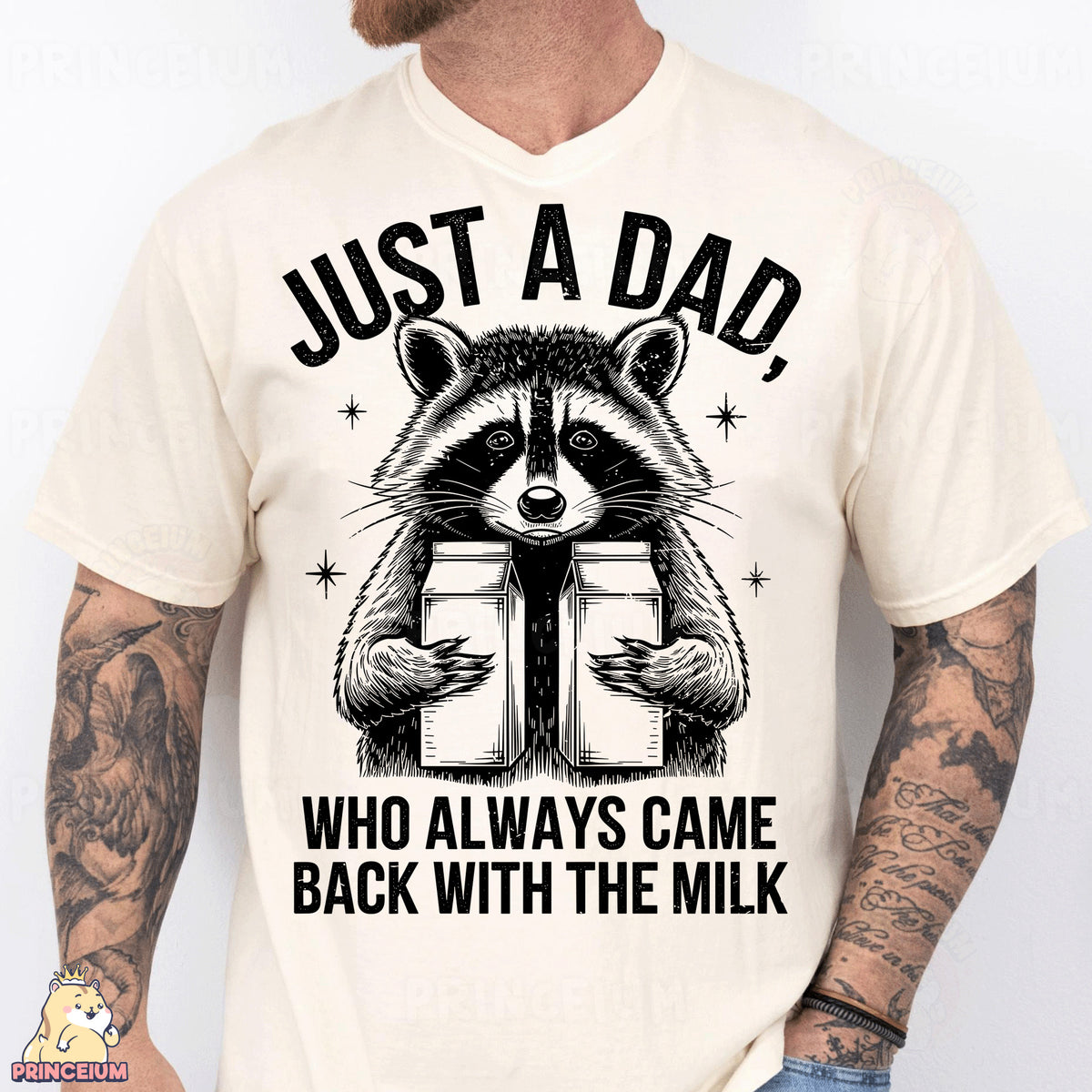 a man wearing a t - shirt that says just a dad who always came back