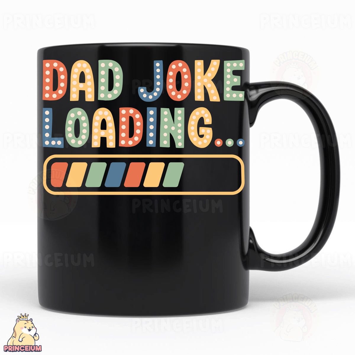 a black coffee mug with the words dad joke loading