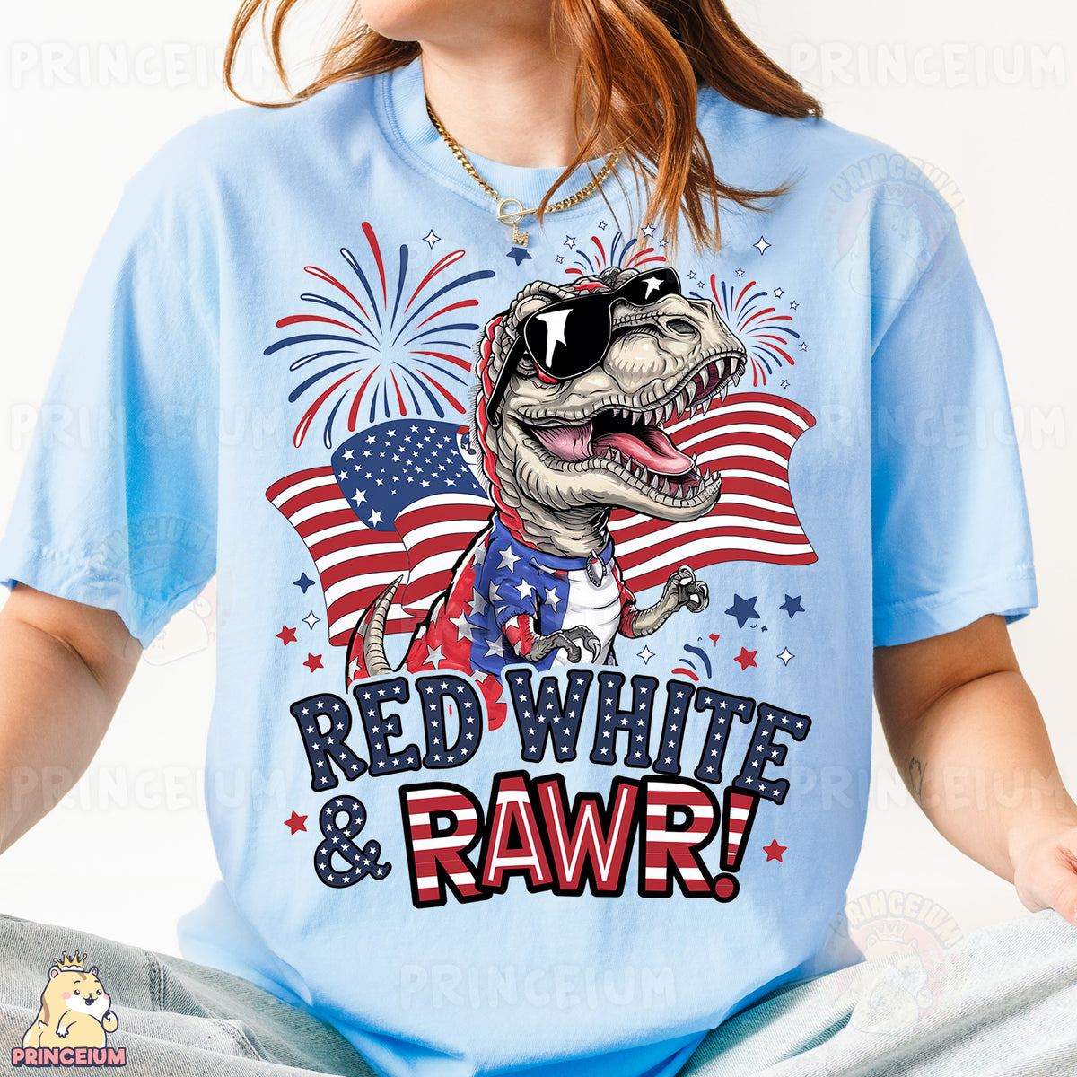 a woman wearing a red, white and raw t - shirt