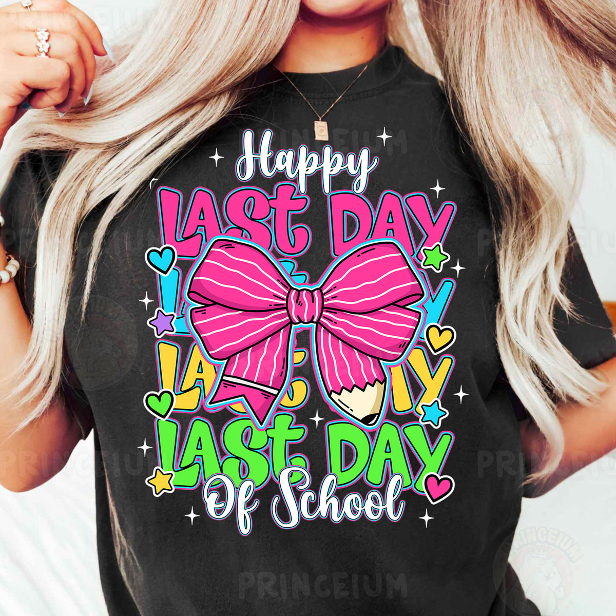 a woman wearing a black shirt that says happy last day last day of school