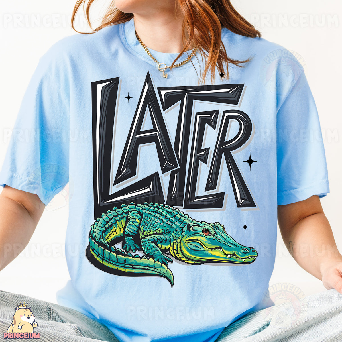 a woman wearing a blue shirt with a green alligator on it