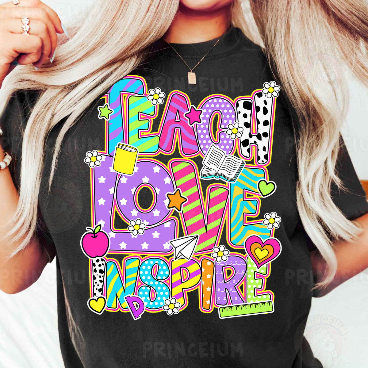 a woman wearing a t - shirt that says peace love inspire