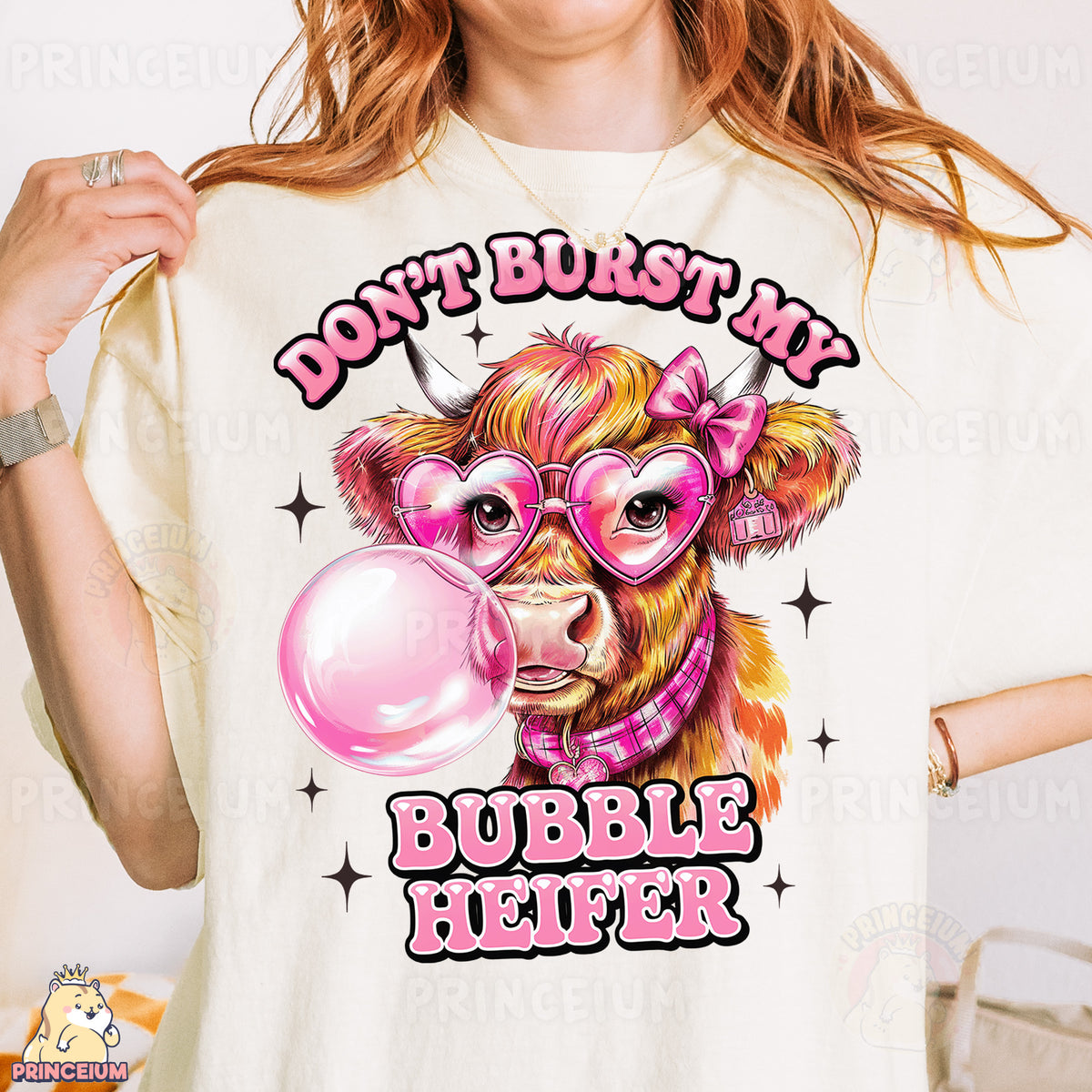 a woman wearing a t - shirt that says don't burst it bubble her
