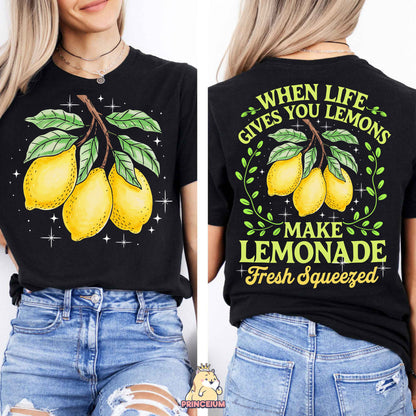 a woman wearing a t - shirt with lemons on it
