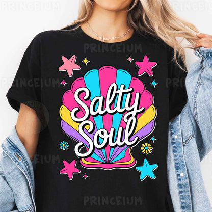 a woman wearing a t - shirt that says salty soul