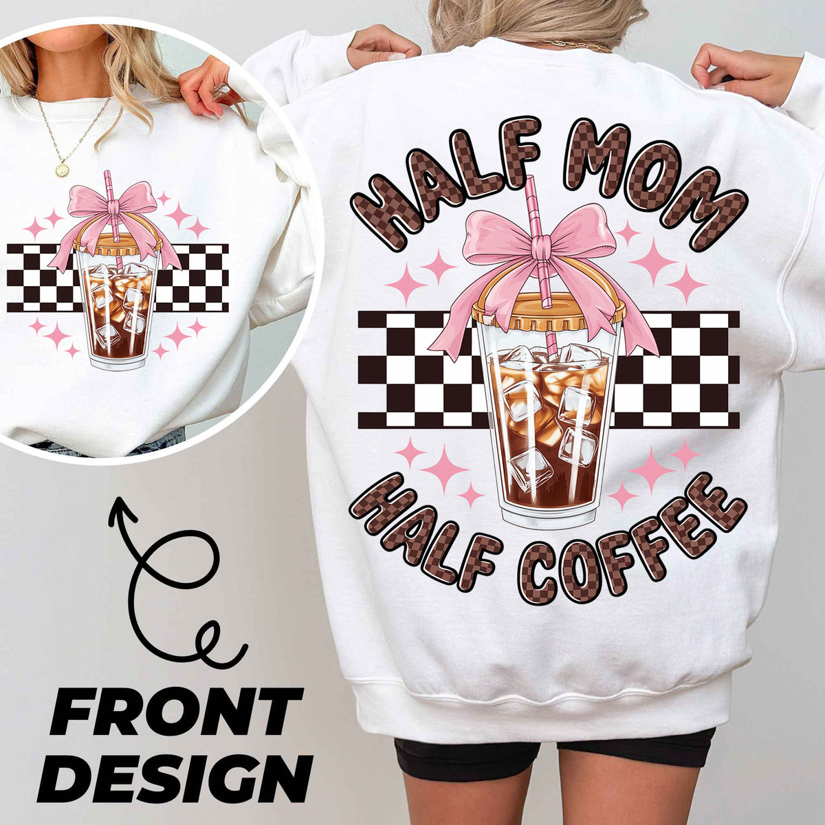 a woman wearing a white sweatshirt with a picture of a coffee drink on it