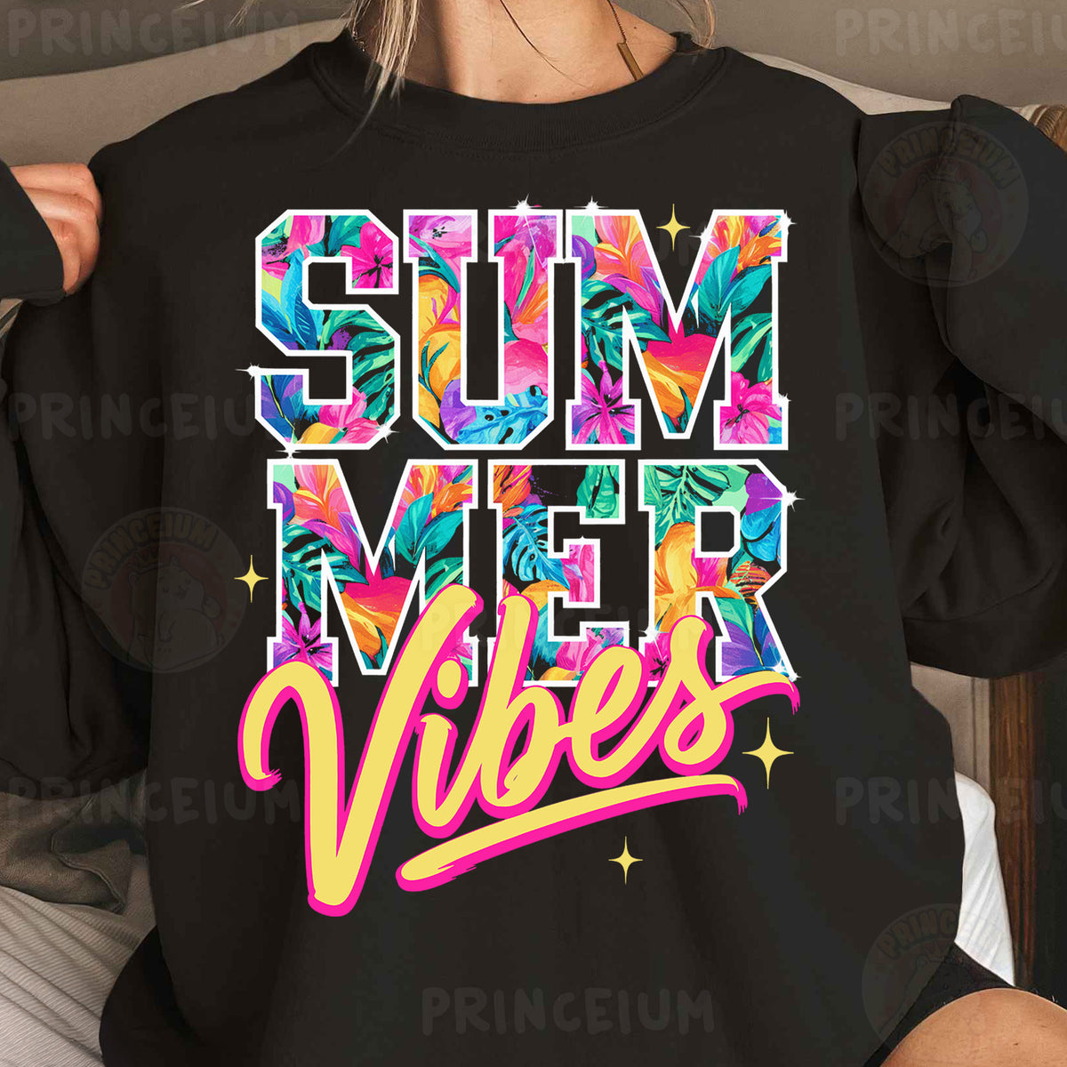 a woman wearing a black shirt that says summer vibes