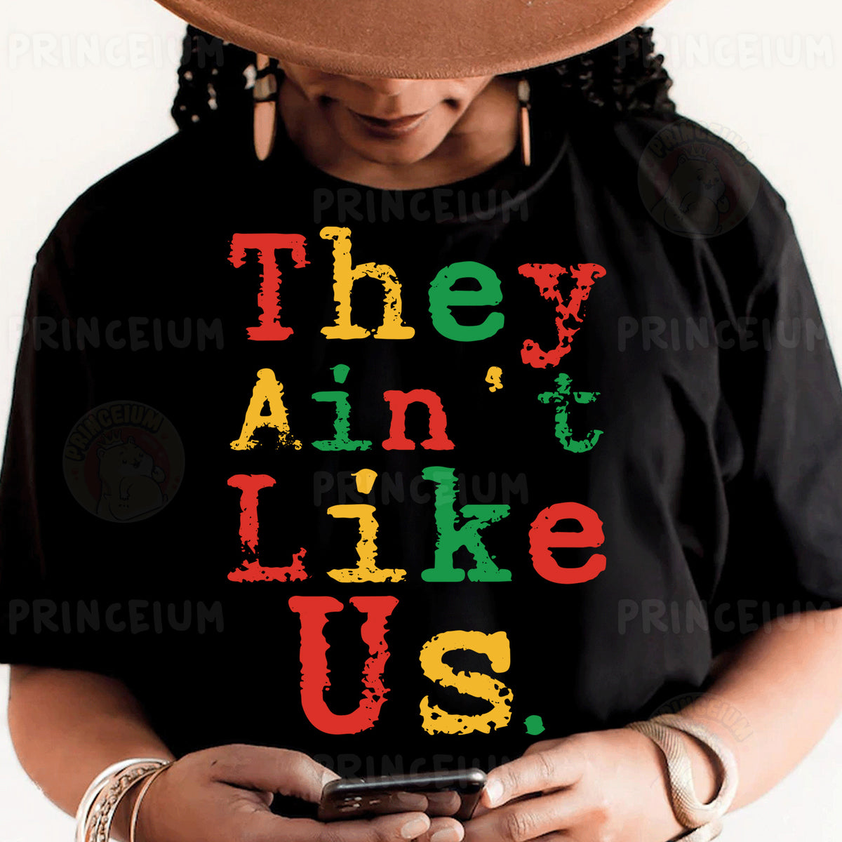 a person wearing a black shirt with the words they are like us on it