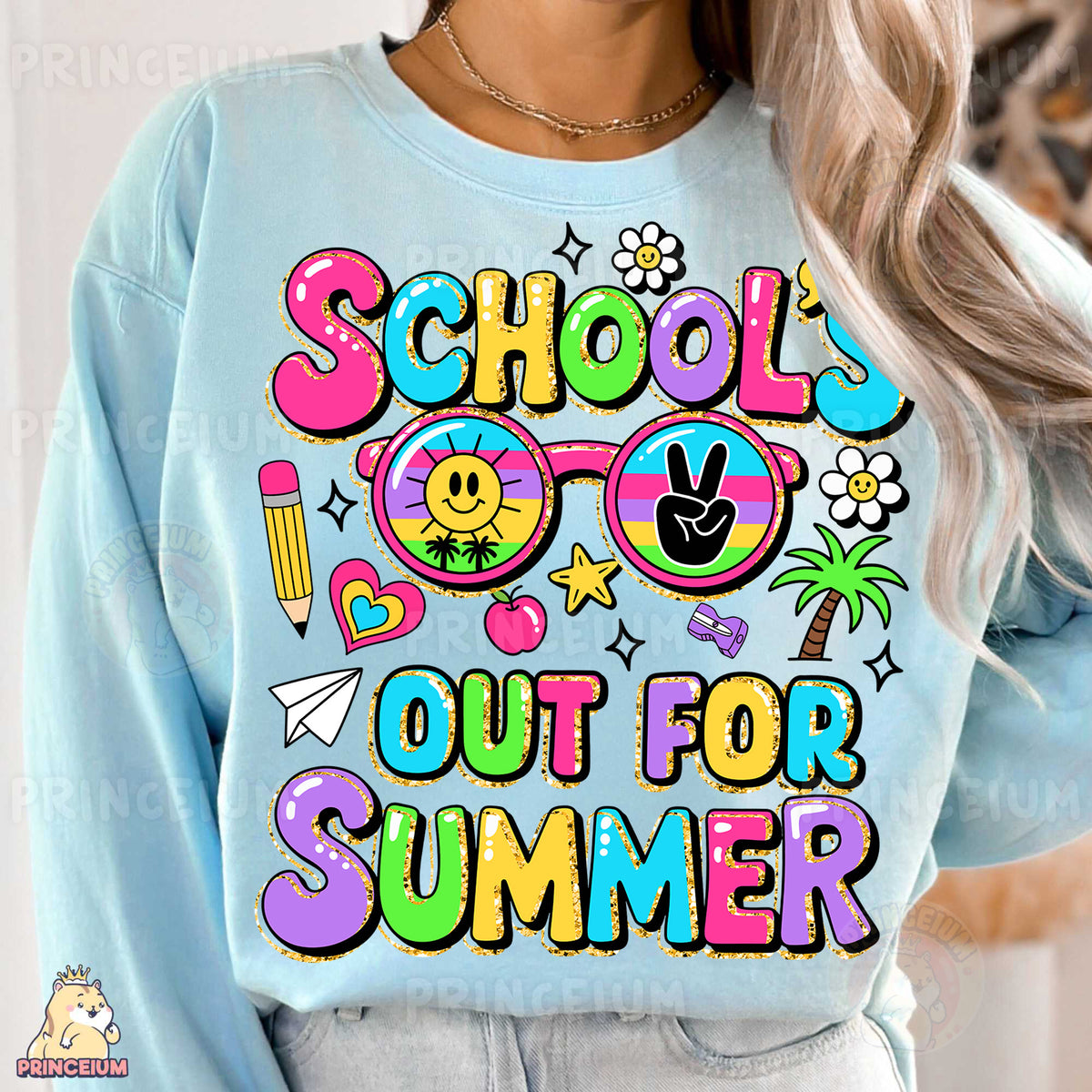a woman wearing a blue sweatshirt that says school's out for summer