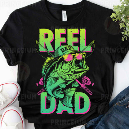 a t - shirt that says reel dad with a bass on it