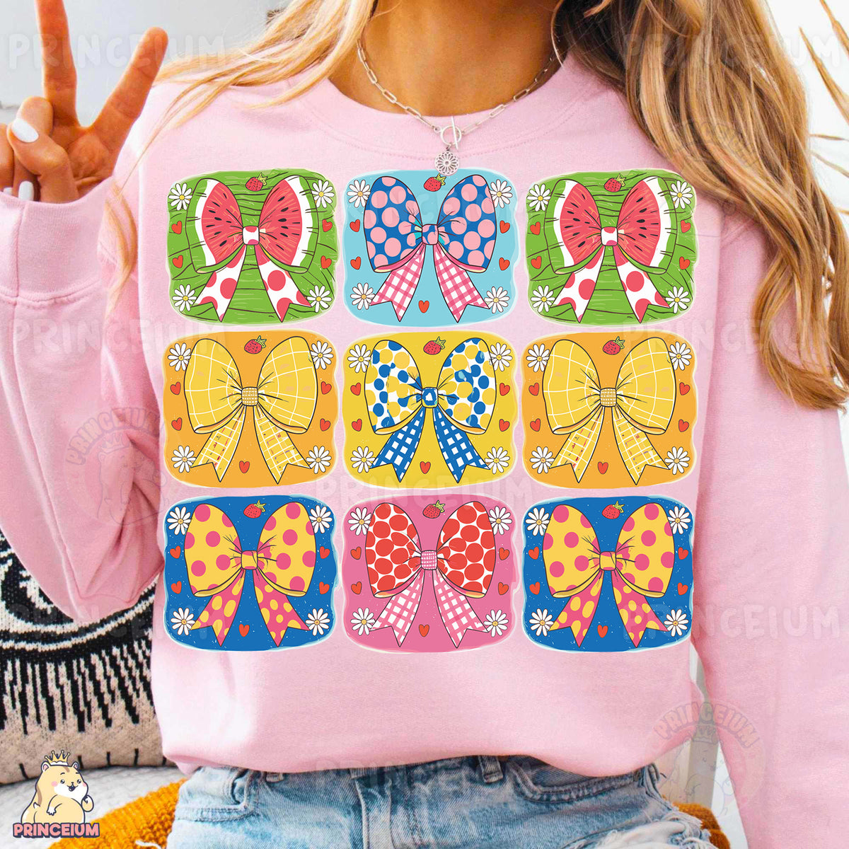 a woman wearing a pink shirt with bows on it