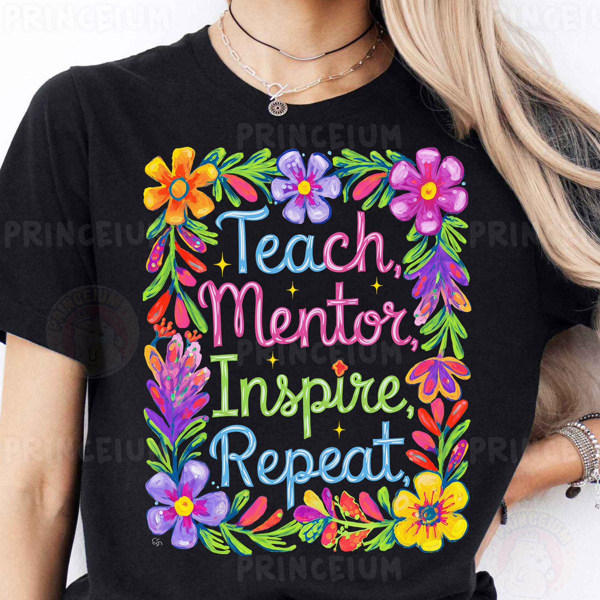 a woman wearing a t - shirt that says teach mentor inspire repeat