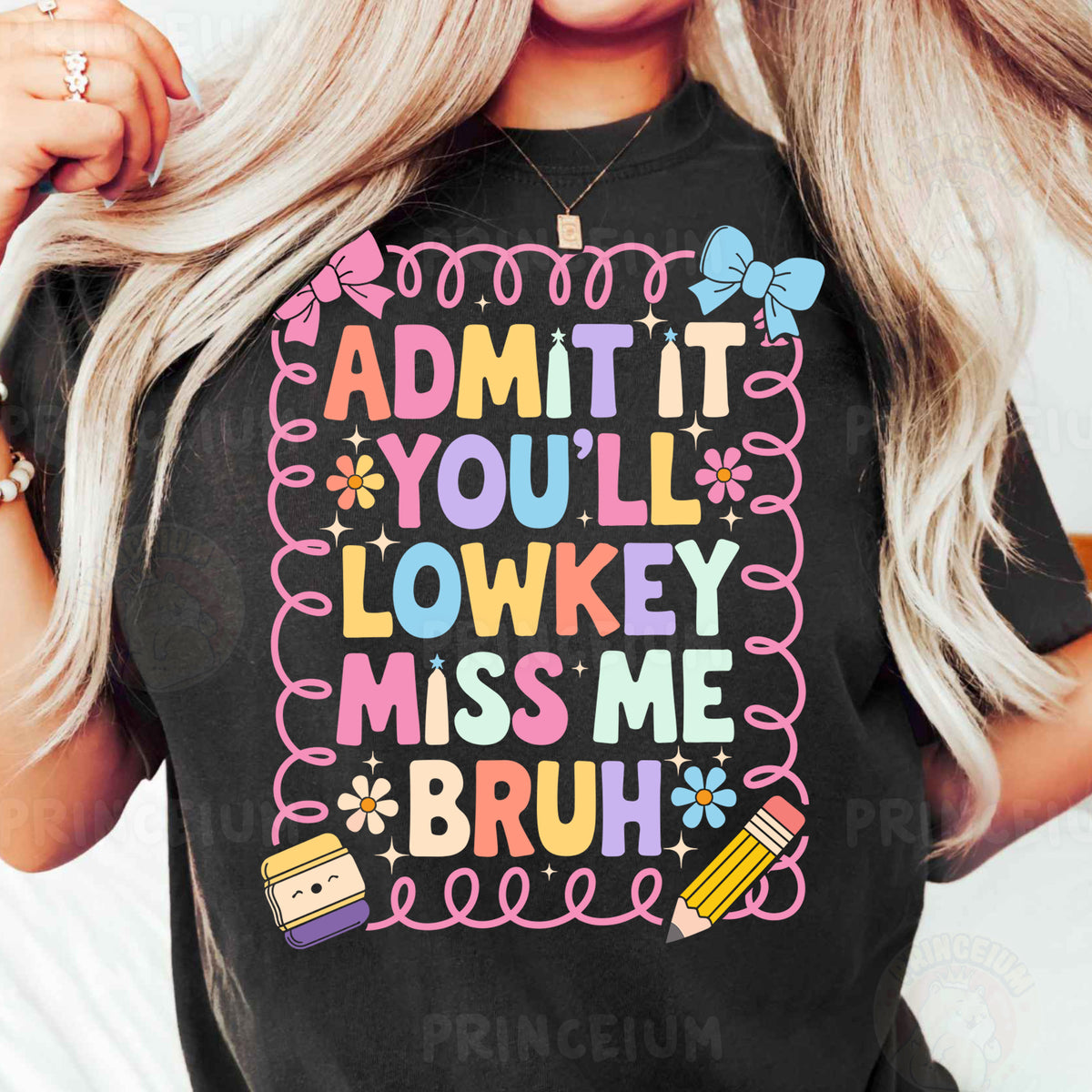 a woman wearing a black t - shirt that says admit it you'll '
